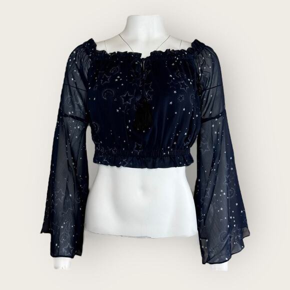 NWT | Free The Roses | Crop Galactic Flare Sleeve Blouse | Navy | Medium - Picture 1 of 12